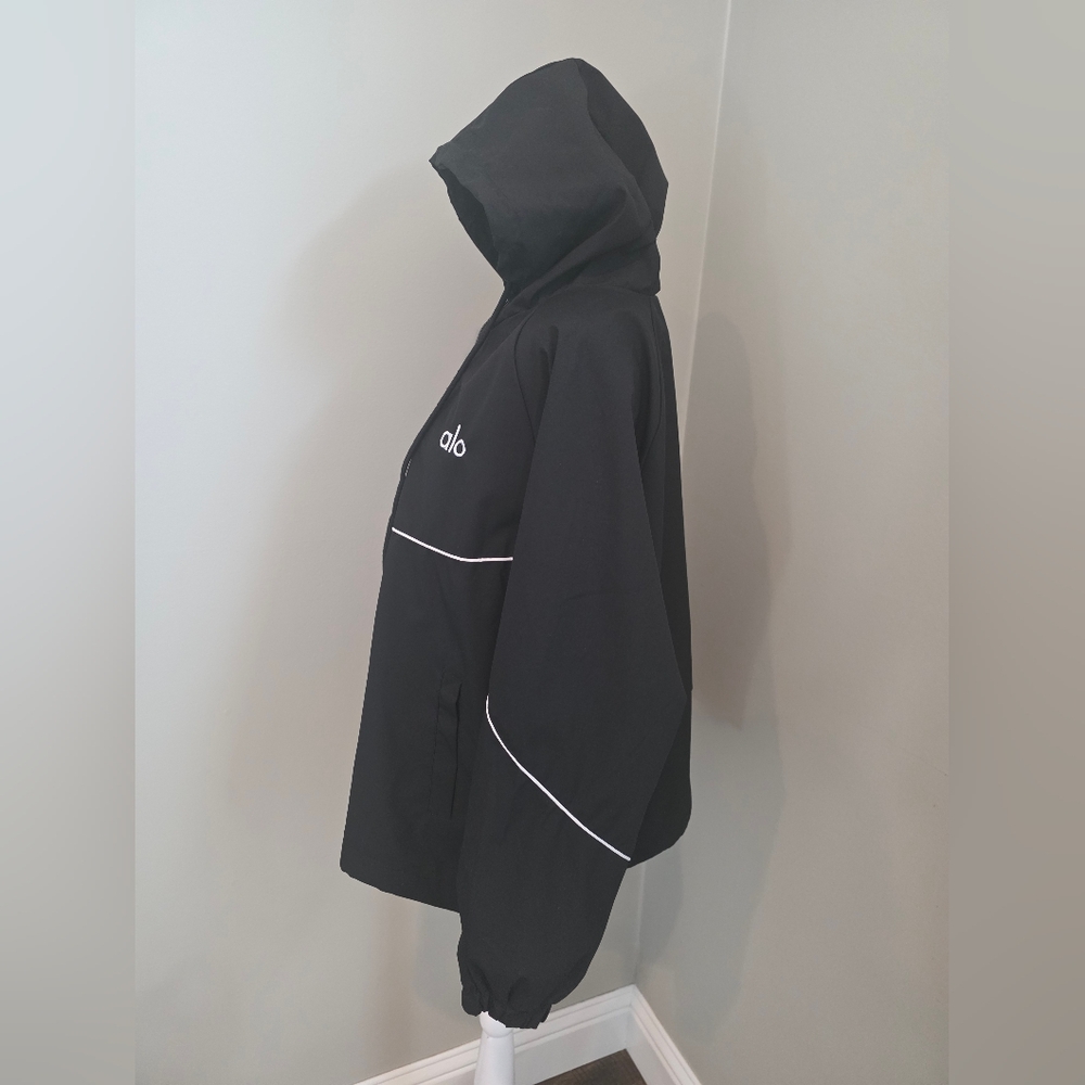 Black Hooded Windbreaker Jacket, L/XL - Picture 3 of 4